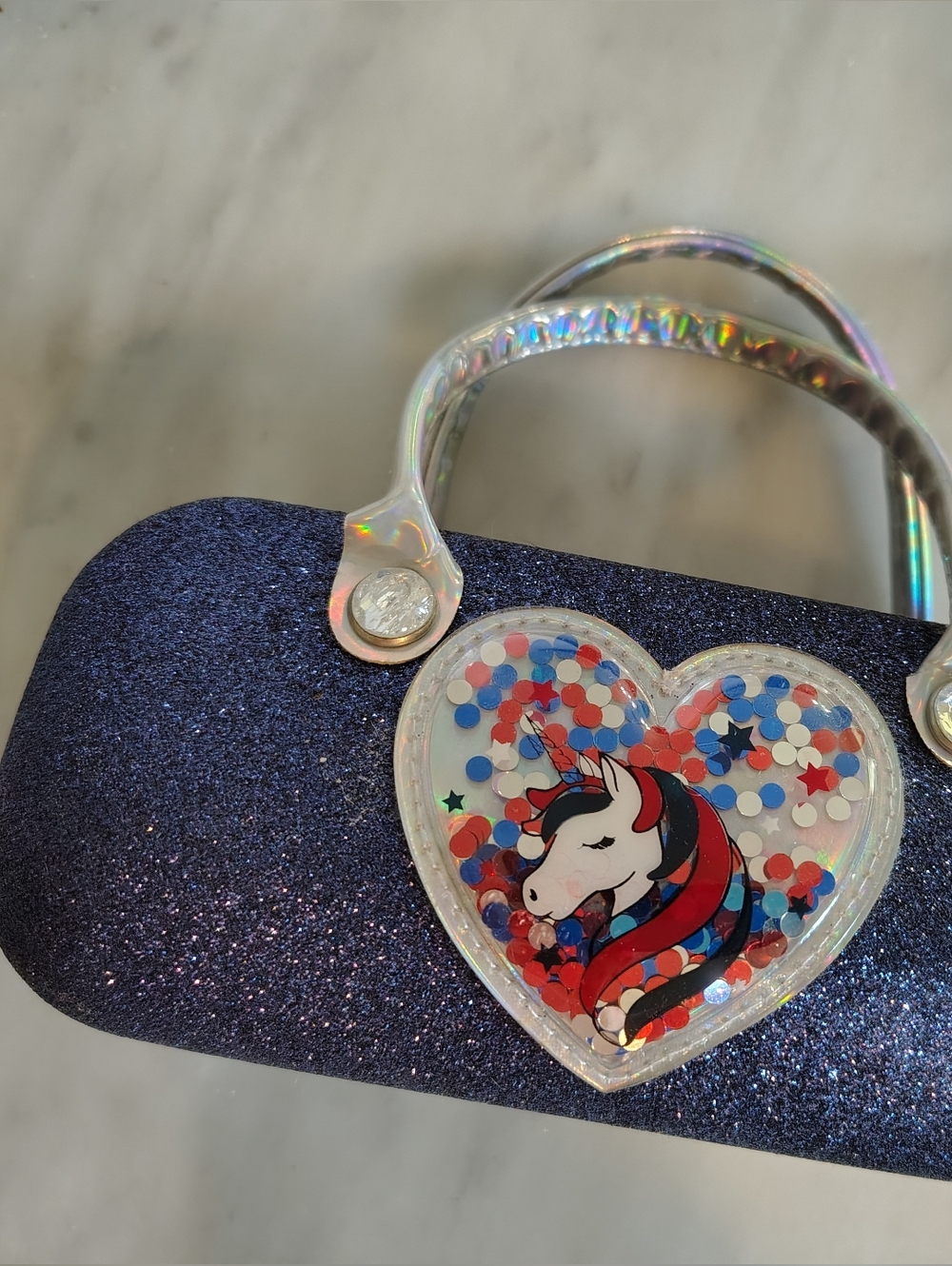 Girls Hardcover Sunglasses Glasses Case with Handles Blue Glitter Unicorn Cute